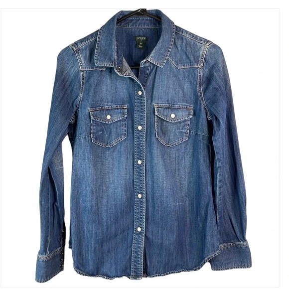 J. CREW Blue Denim Pearl Snap Shirt Medium Wash Distressed Preppy Western XS - Picture 3 of 11